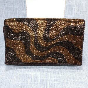 1960s Vintage Clutch with a Black and Bronze Hand Beaded Design by Walborg